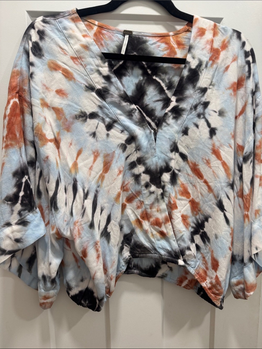 Women's Tie-Dye V-Neck Blouse in Blue, Rust & Black